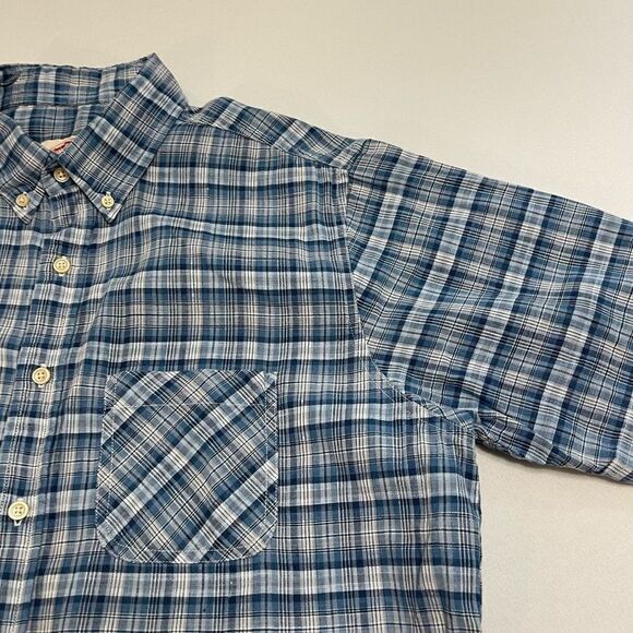Brooks Brothers Shirt Mens Large Linen Blend Short Sleeve Blue Plaid Preppy - Picture 2 of 7